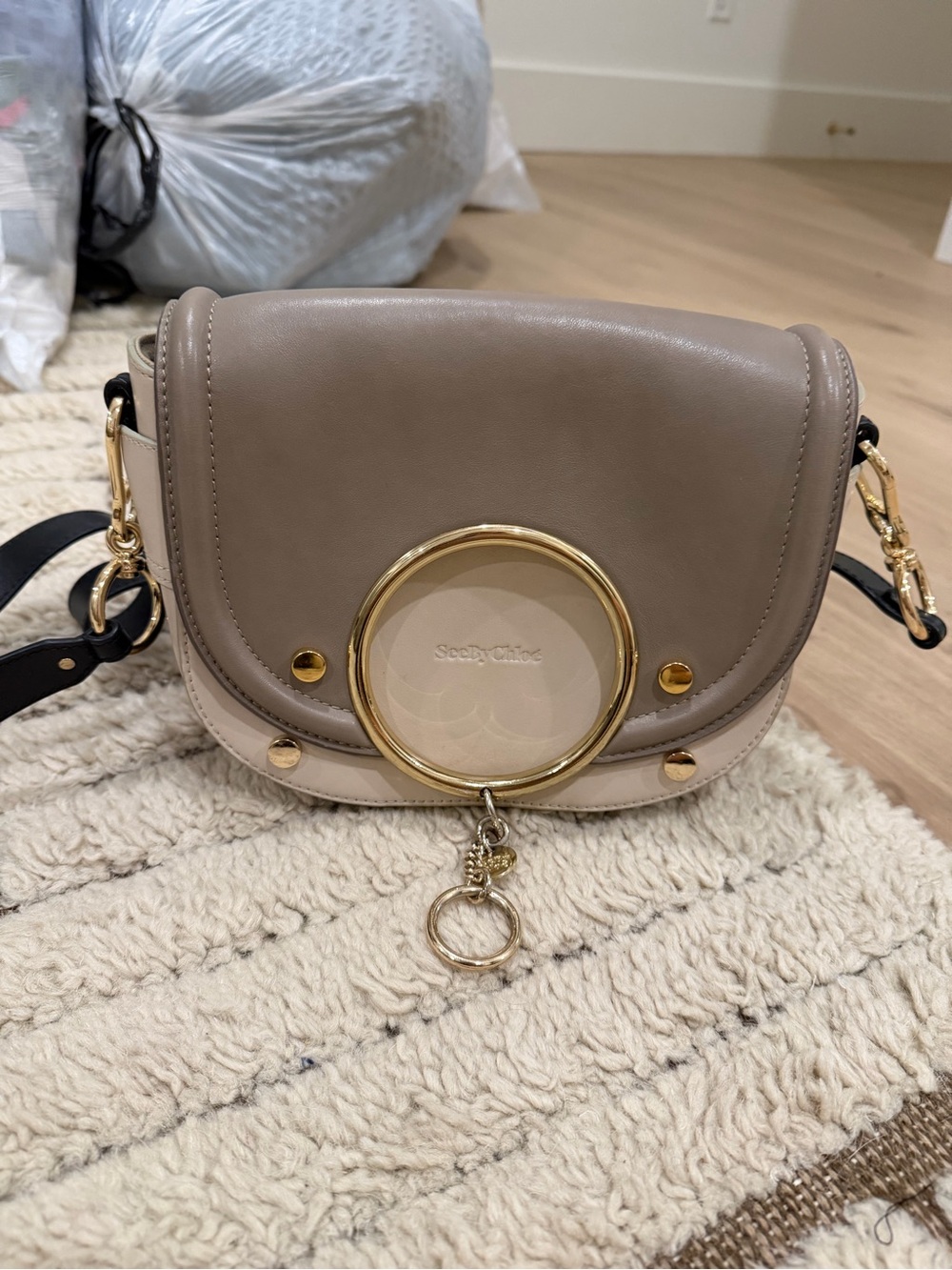 See By Chloe Taupe & Cream Leather Crossbody with Gold Ring Detail